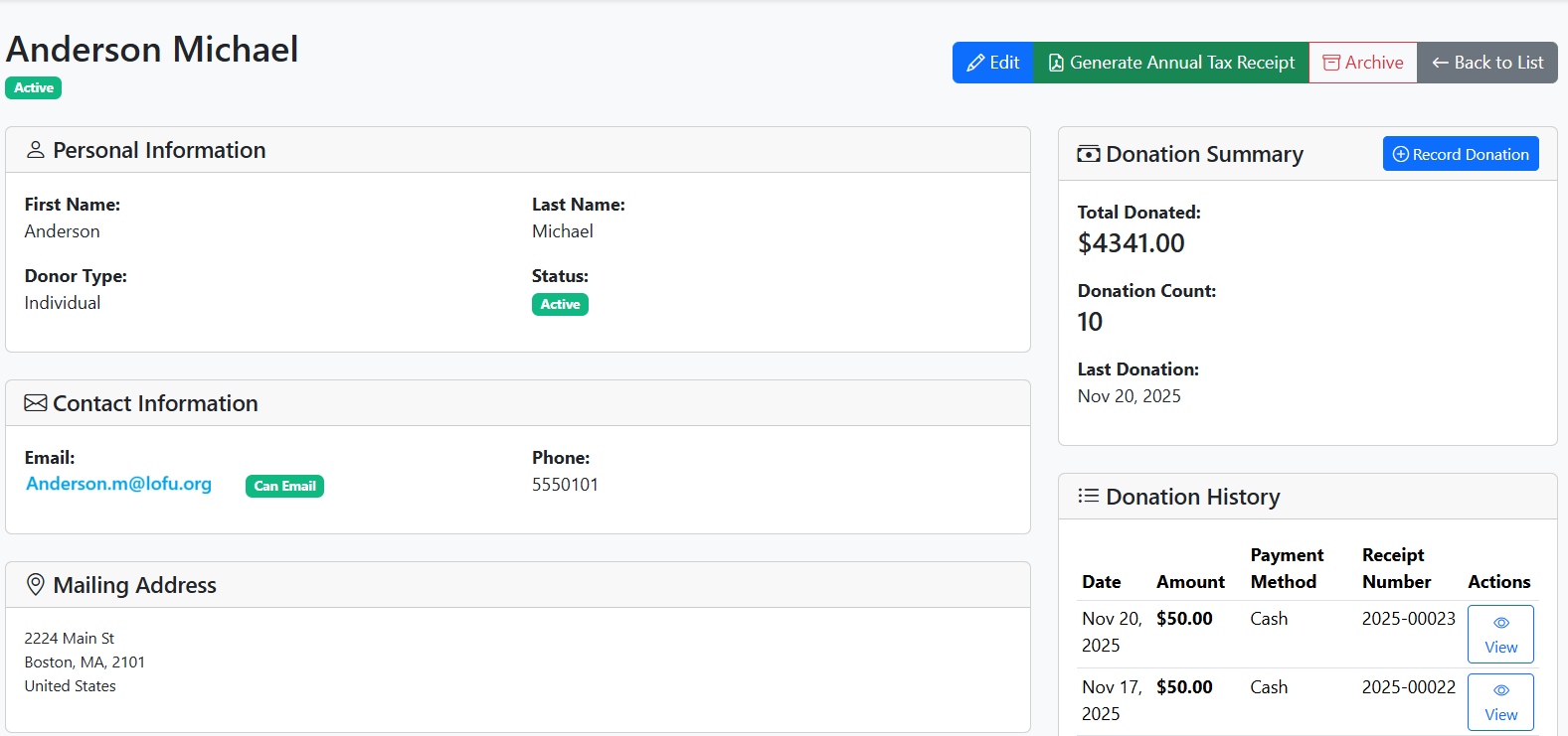 Donor profile showing complete contact info and donation history