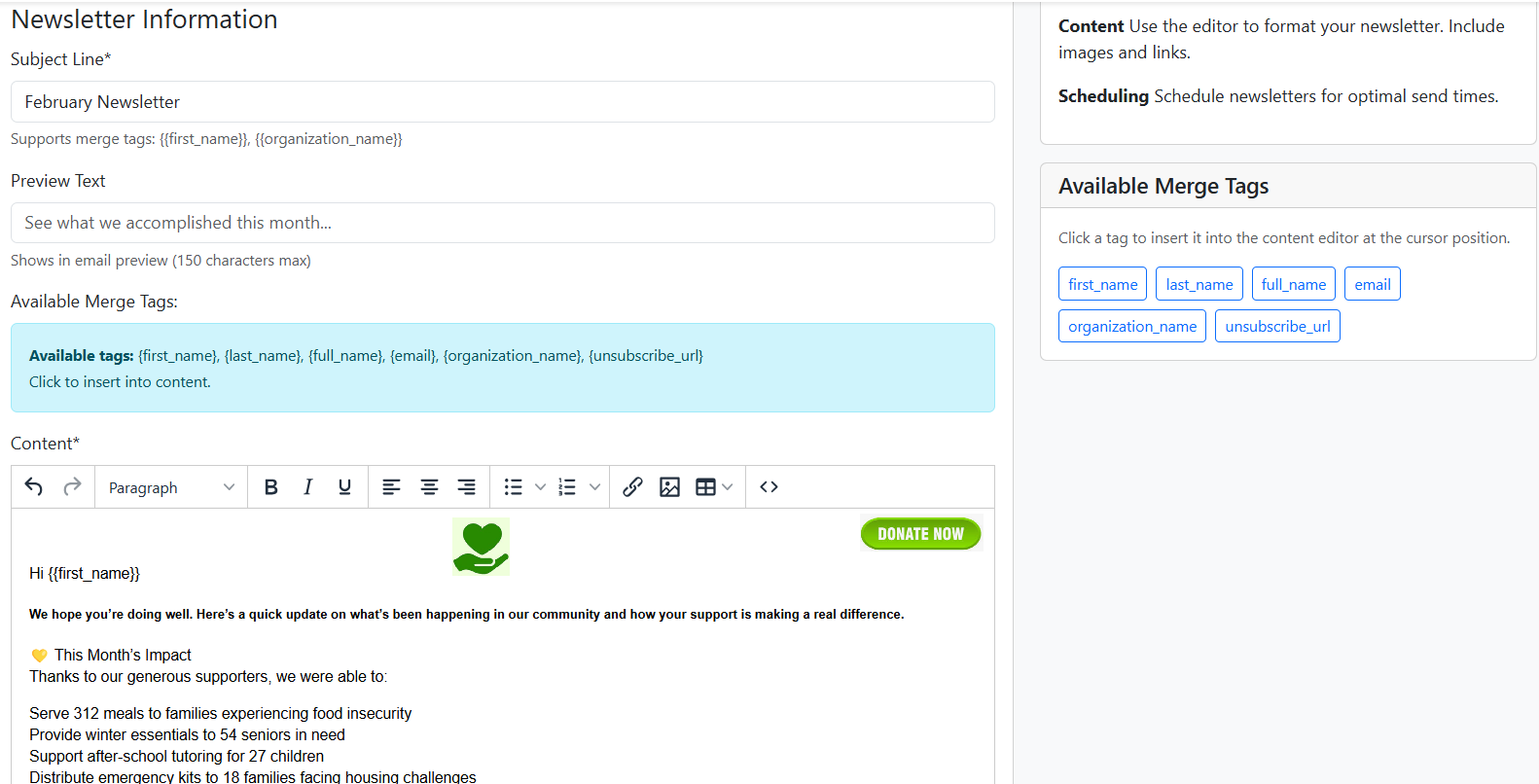 Newsletter editor with rich text formatting and merge tags